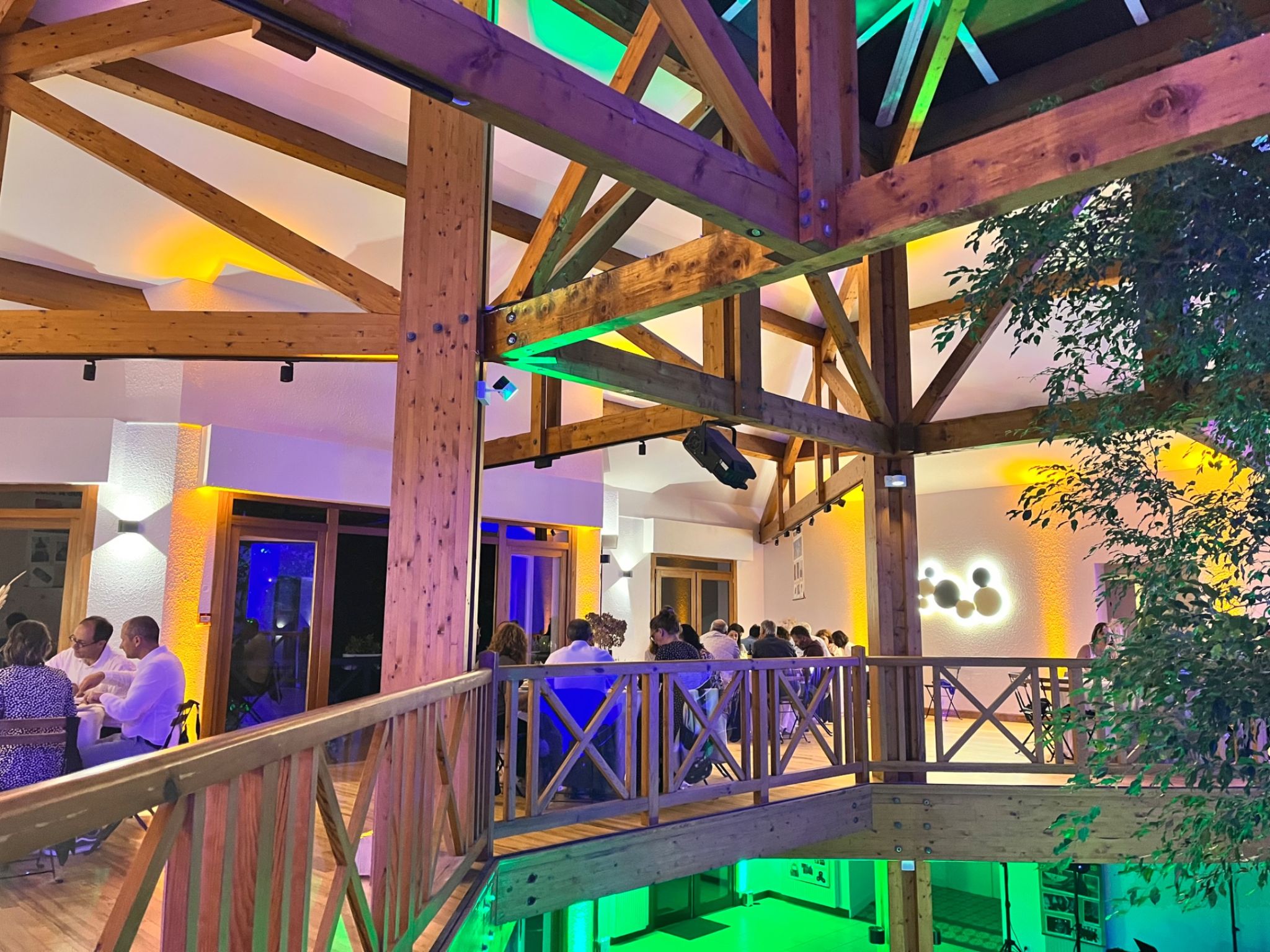 Détail de la scénographie GE64 — ambiance lumineuse verte sur la charpente du Domaine du Pignada.