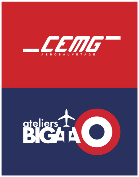 Badges CEMG Aérosauvetage et Ateliers Bigata — visuels de stand salon MRO.