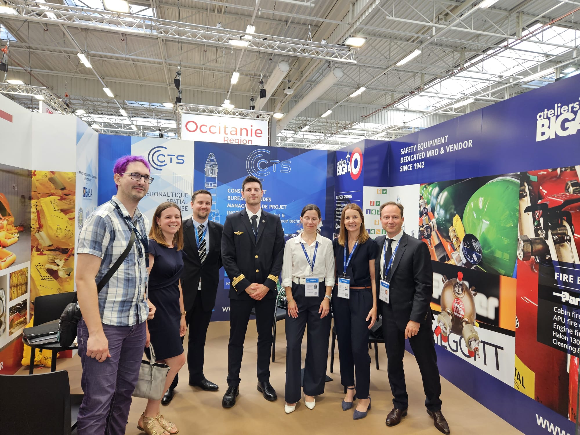 Stand Ateliers Bigata et CTS au salon MRO Europe 2023, pavillon Occitanie Région — identité visuelle et communication internationale.