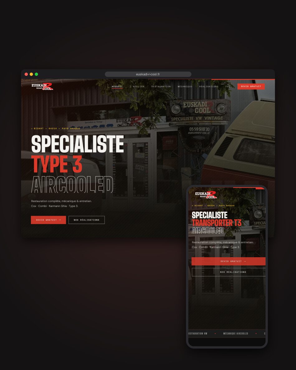 Site internet d'Euskadi R Cool, garage Volkswagen aircooled à Bidart : page d'accueil affichée dans un navigateur et sur un téléphone, fond sombre et titres rouges.