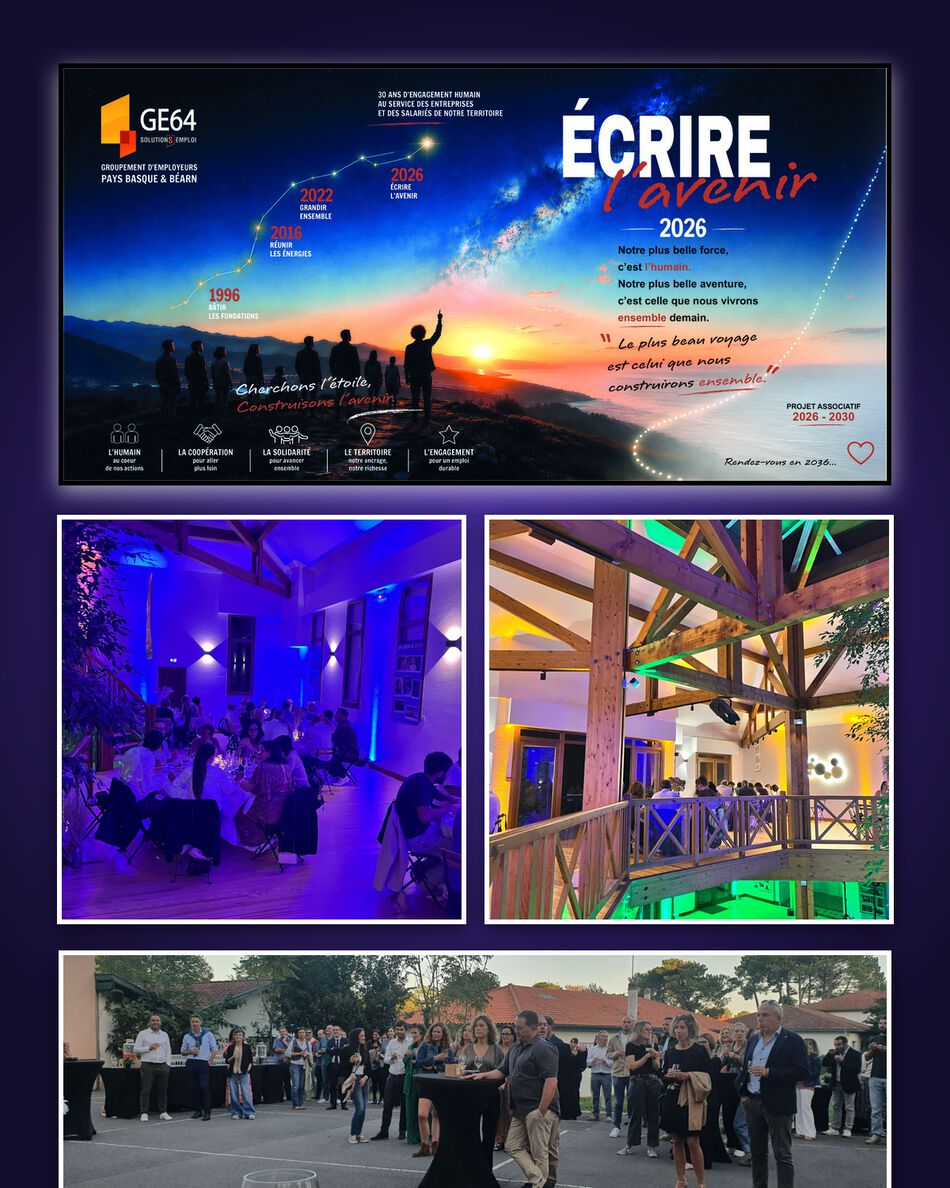 Soirée des 30 ans du GE64 au Domaine du Pignada : la frise « Écrire l'avenir », la salle en lumière bleue, la charpente aux couleurs et le cocktail d'accueil.