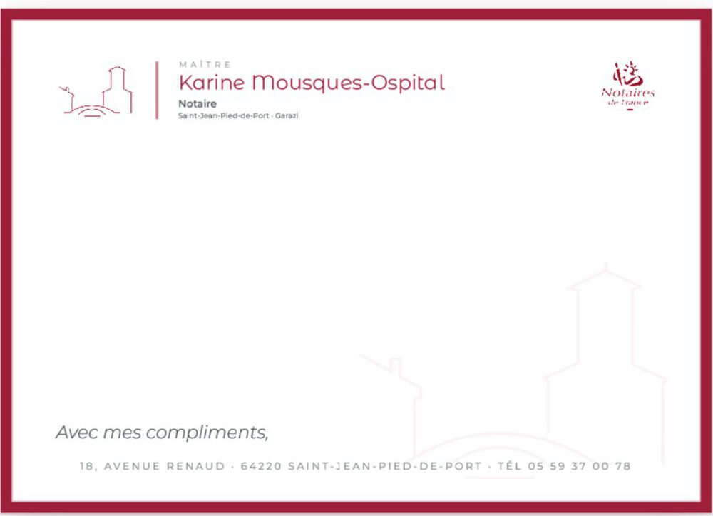 Carte de correspondance de l'étude Mousques-Ospital, format A6, déclinaison de la charte graphique.